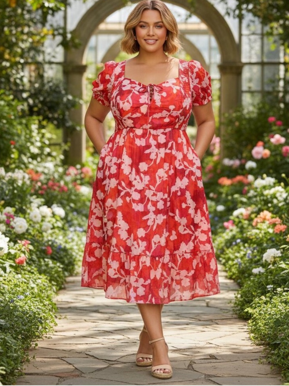 Torrid Shady Rose Floral Midi Cotton Clip Dot Lace Up Smocked Pockets 18/20